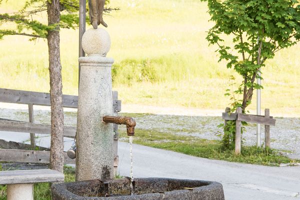 Brunnen mit Marienstatue vor einer Wiese